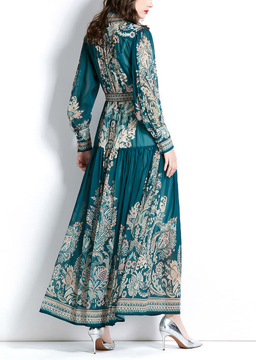 Boho Green Stand Collar Print Tie Waist Chiffon Dress Lantern Sleeve QR027 BB-ZS-WM-FDL240929