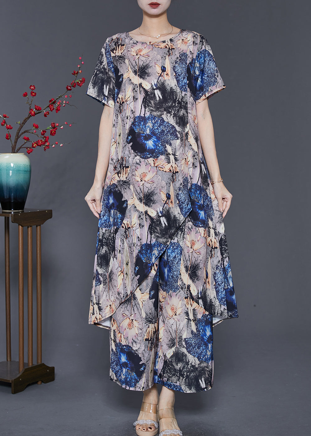 Boho Grey Asymmetrical Print Chiffon 2 Piece Outfit Summer SD1013 Ada Fashion