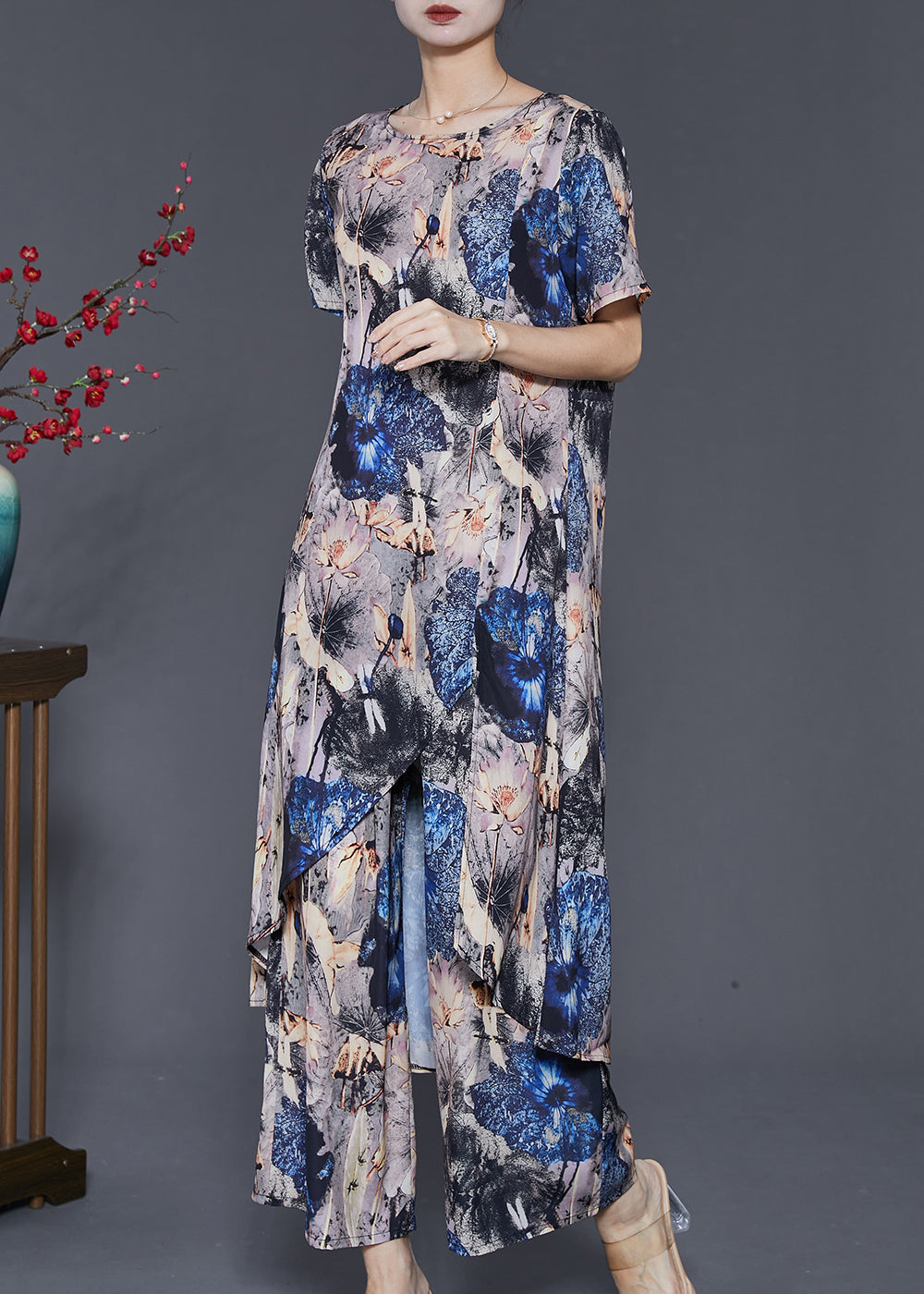 Boho Grey Asymmetrical Print Chiffon 2 Piece Outfit Summer SD1013 Ada Fashion