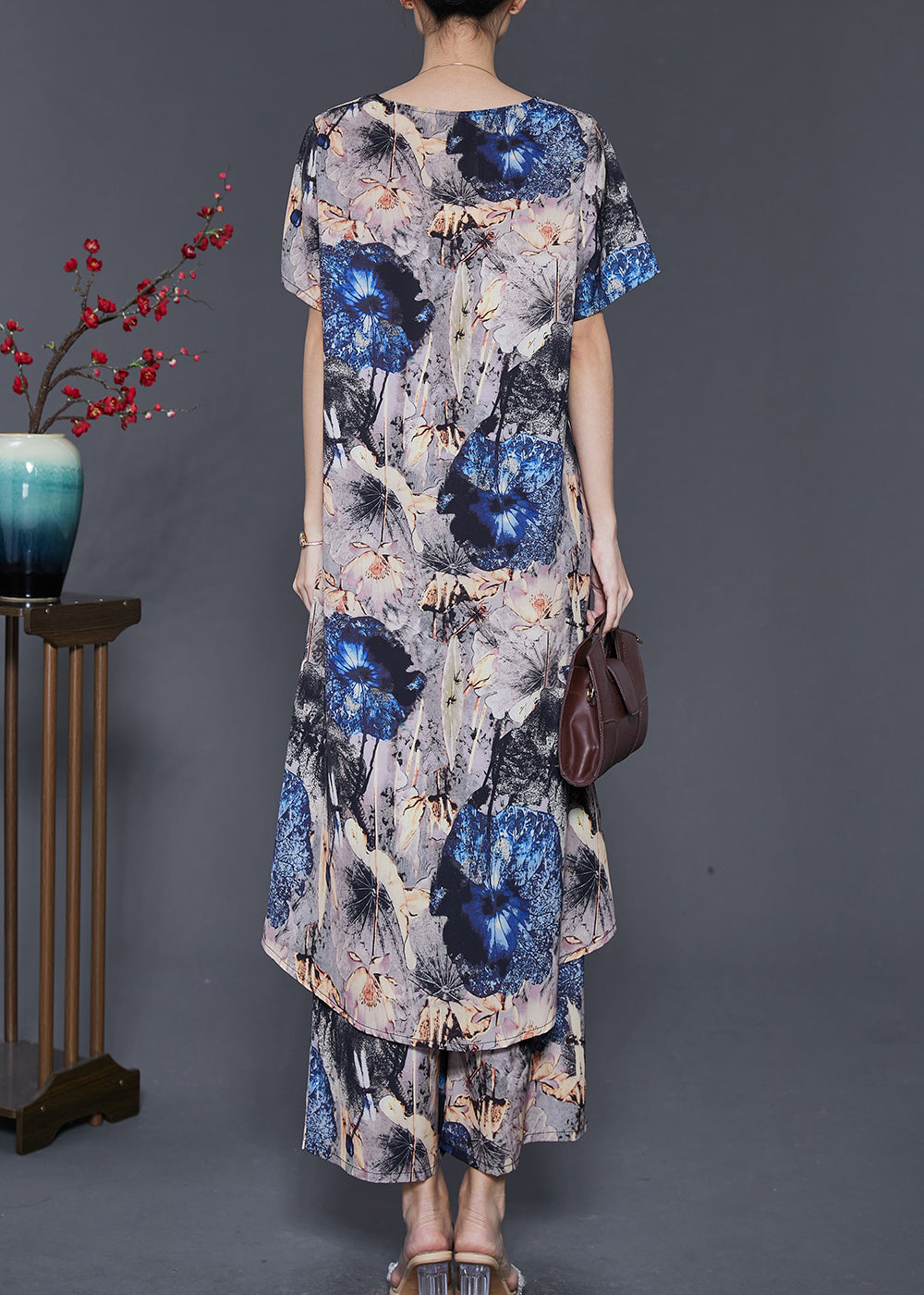 Boho Grey Asymmetrical Print Chiffon 2 Piece Outfit Summer SD1013 Ada Fashion