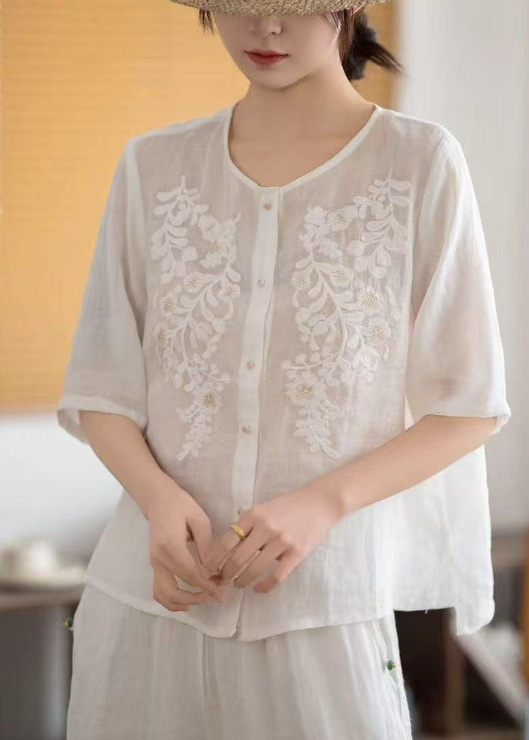 Grey Tops Embroidered Sleeve Linen Boho Half FashionChic