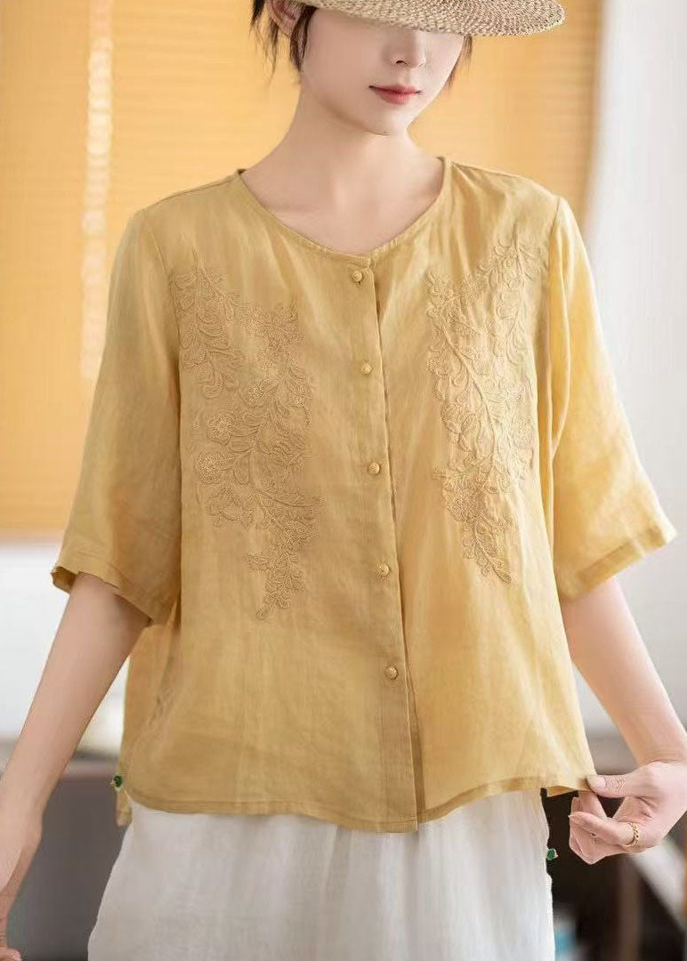 Grey Tops Embroidered Sleeve Linen Boho Half FashionChic