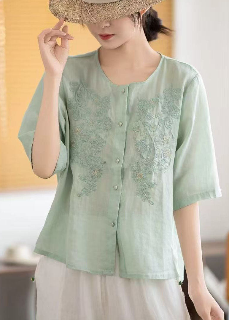 Grey Tops Embroidered Sleeve Linen Boho Half FashionChic