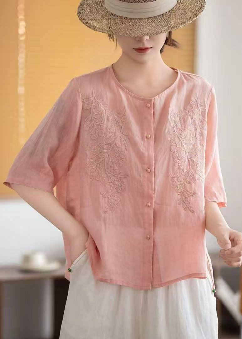 Grey Tops Embroidered Sleeve Linen Boho Half FashionChic