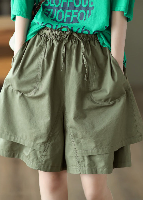 Boho Khaki Pockets Patchwork Elastic Waist Cotton Shorts Summer QQ1027 Ada Fashion