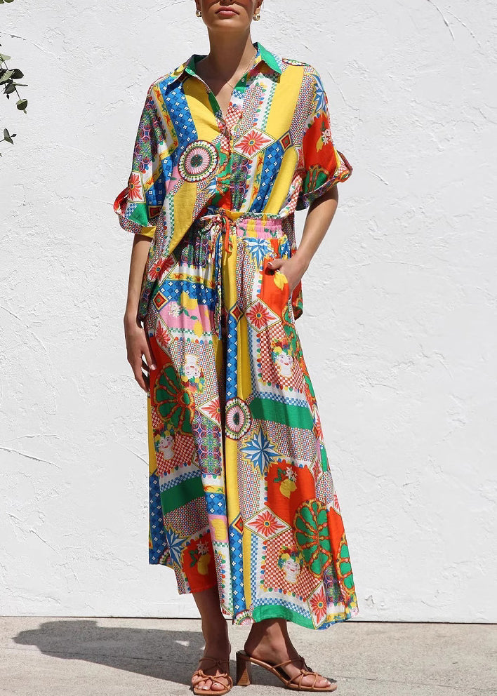 Piece Shirts Two Boho Print Short Set And Maxi Skirts Sleeve FashionChic