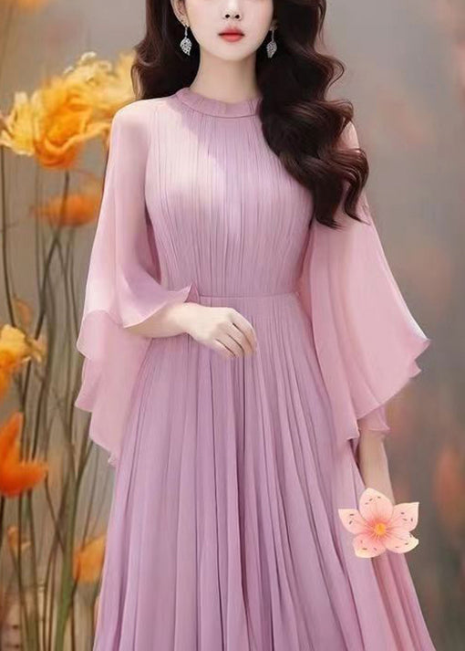 Boho Purple Solid Wrinkled Chiffon Dresses Butterfly Sleeve AA1022 Ada Fashion