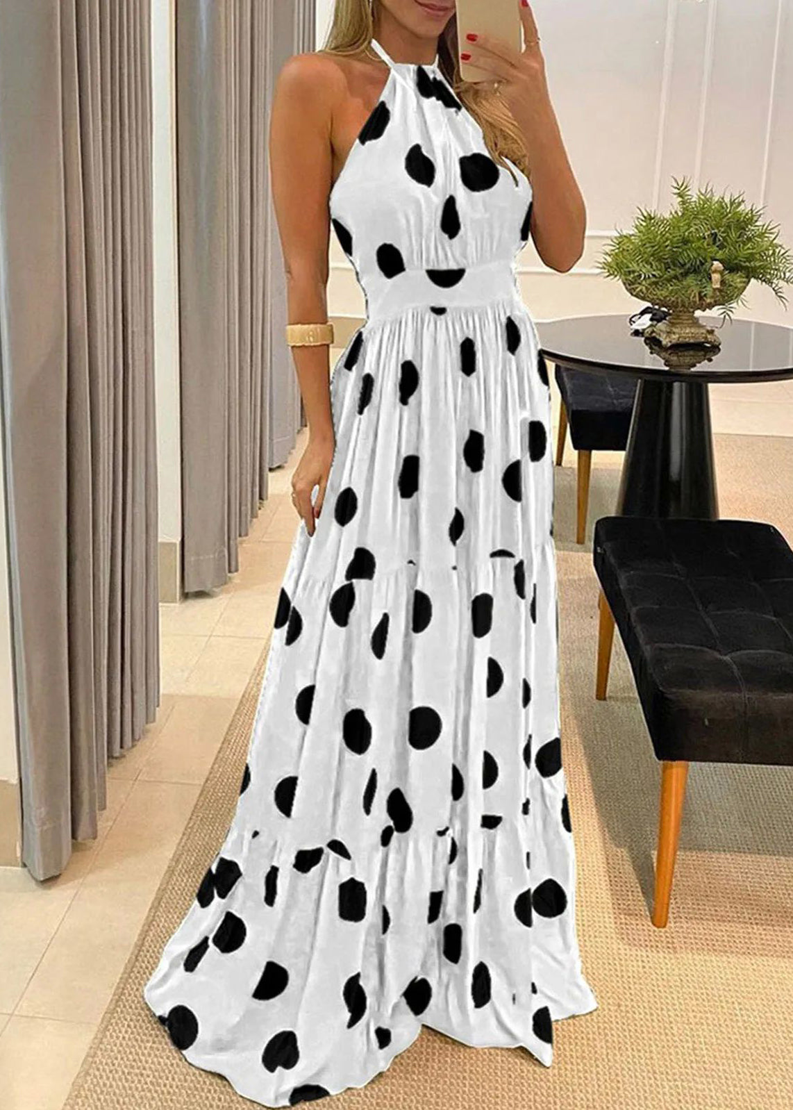 Long Waistband Boho Printed Slim Dress Rainbow Sleeveless FashionChic