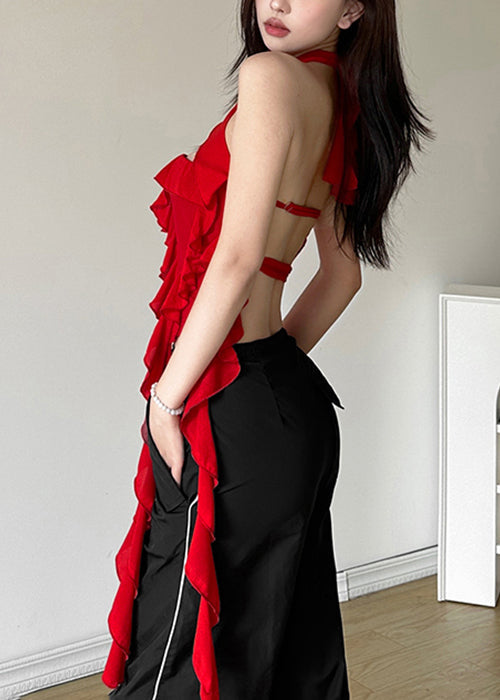 Boho Red Backless Ruffled Solid Cotton Tank Sleeveless KK078 SH-LF-VTP240602