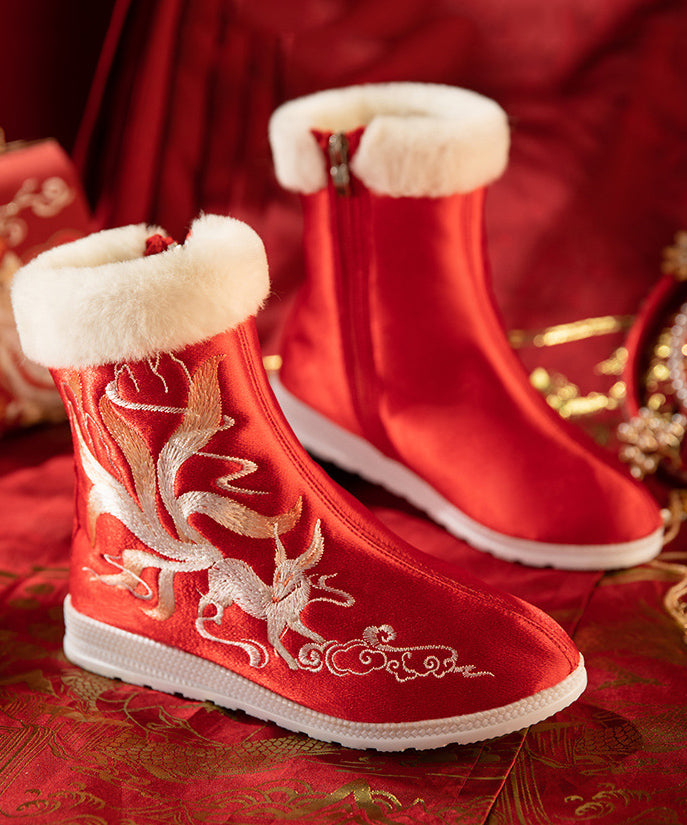 Boho Red Satin Embroidery Splicing Boots Fuzzy Wool Lined TQ052 ABC