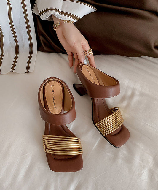 Chunky Slide Boho Splicing Sandals Brown Sheepskin FashionChic
