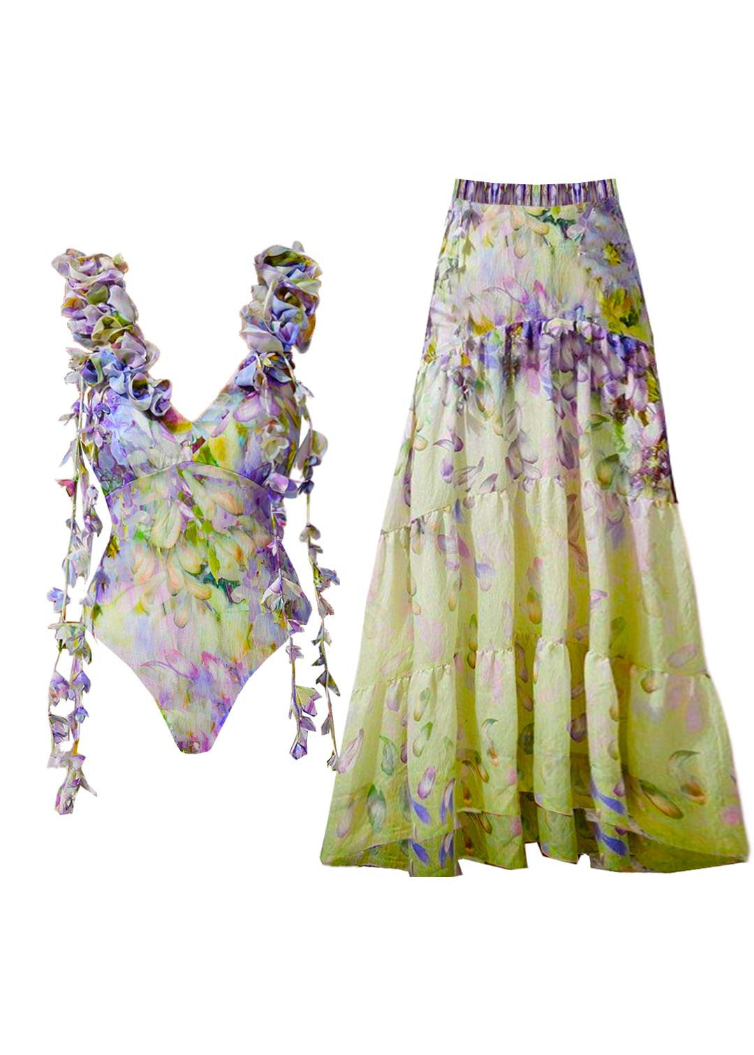 Set Lingerie Boho And Bodysuit Maxi V-Neck Print Skirts Patchwork FashionChic