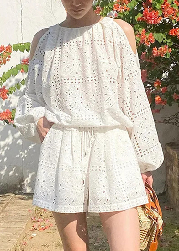 And Pieces Shorts Shirt Beige Shoulder Boutique Cotton Two Cold FashionChic