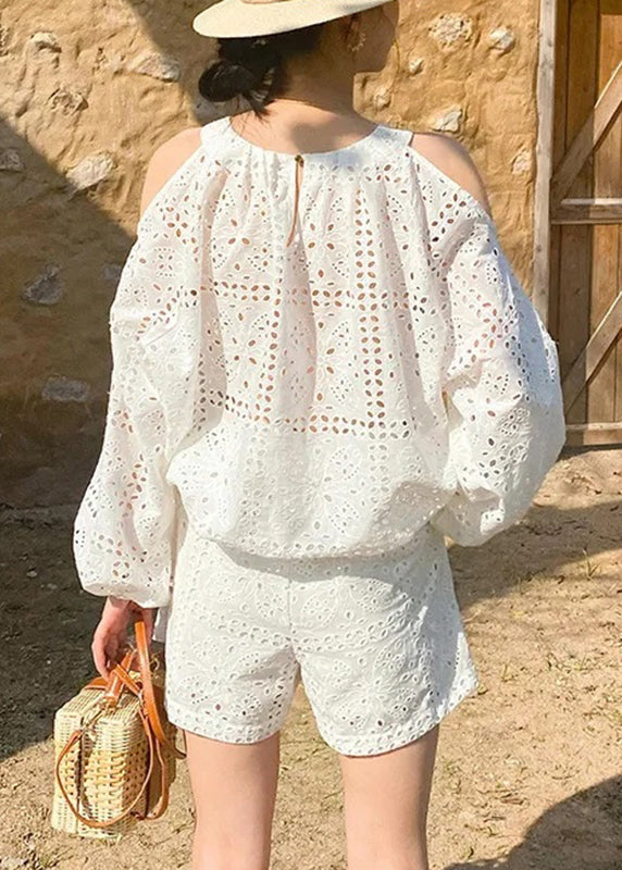 And Pieces Shorts Shirt Beige Shoulder Boutique Cotton Two Cold FashionChic