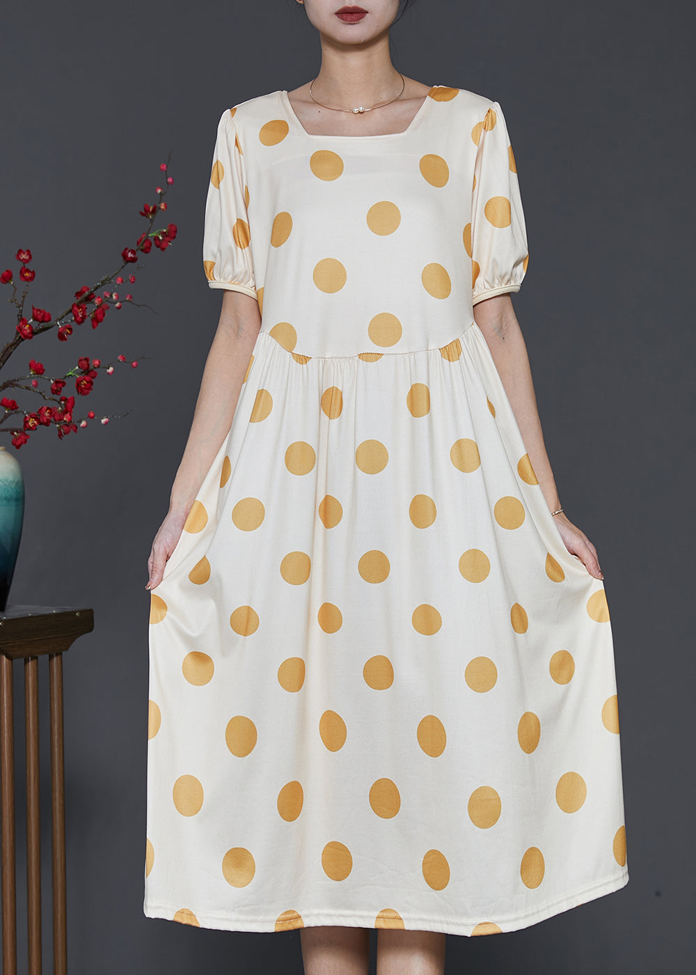 Boutique Beige Square Collar Print Cotton Long Dresses Summer SD1012 Ada Fashion