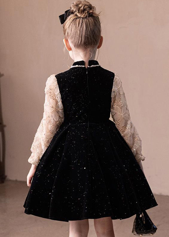 Boutique Black Stand Collar Lace Patchwork Kids Party Mid Dress Fall RP039 ABC