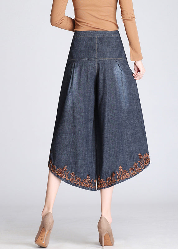 Boutique Blue Embroidered Pockets Cotton Crop Pants Skirt Summer BV072 MZF-CPTS240702