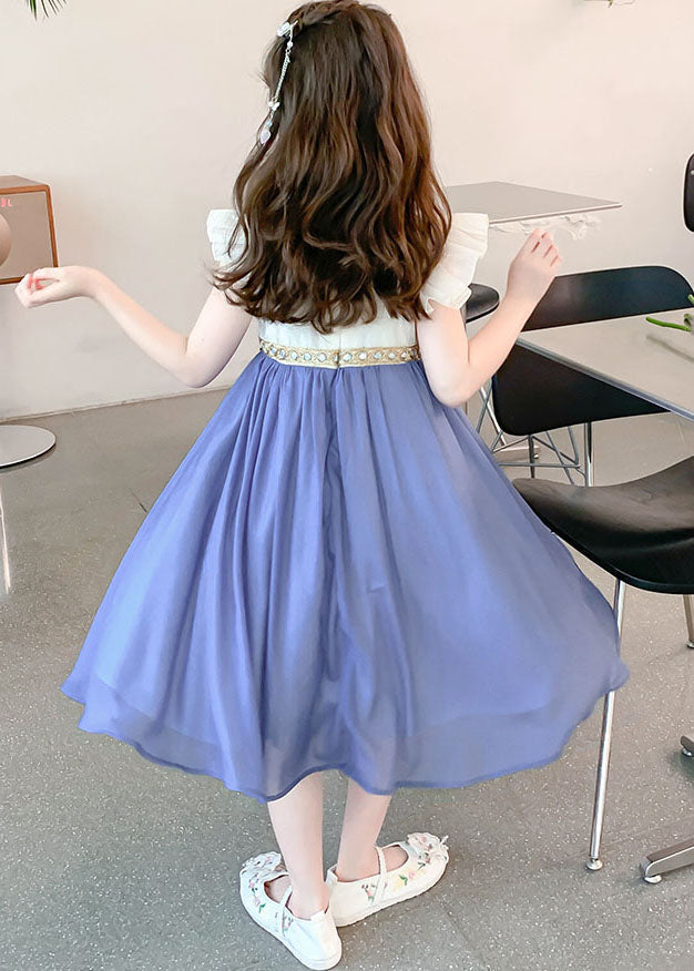 Boutique Blue Square Collar Patchwork Tassel Chiffon Kids Long Dresses Sleeveless MN007 MM-RCTZ-SDL240701
