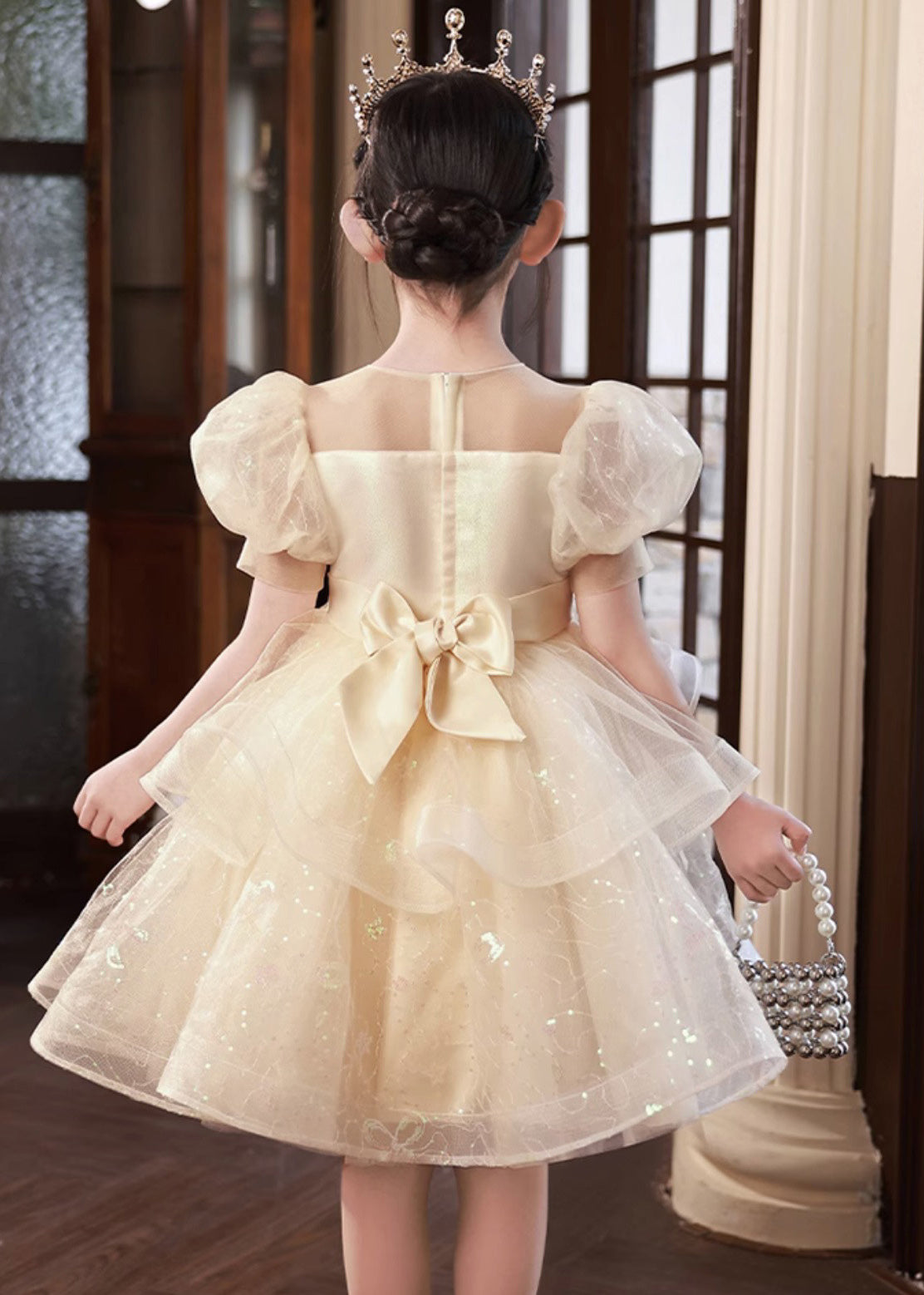 Boutique Champagne O-Neck Tulle Girls Mid Princess Dress Short Sleeve XZ032 SDGM240618