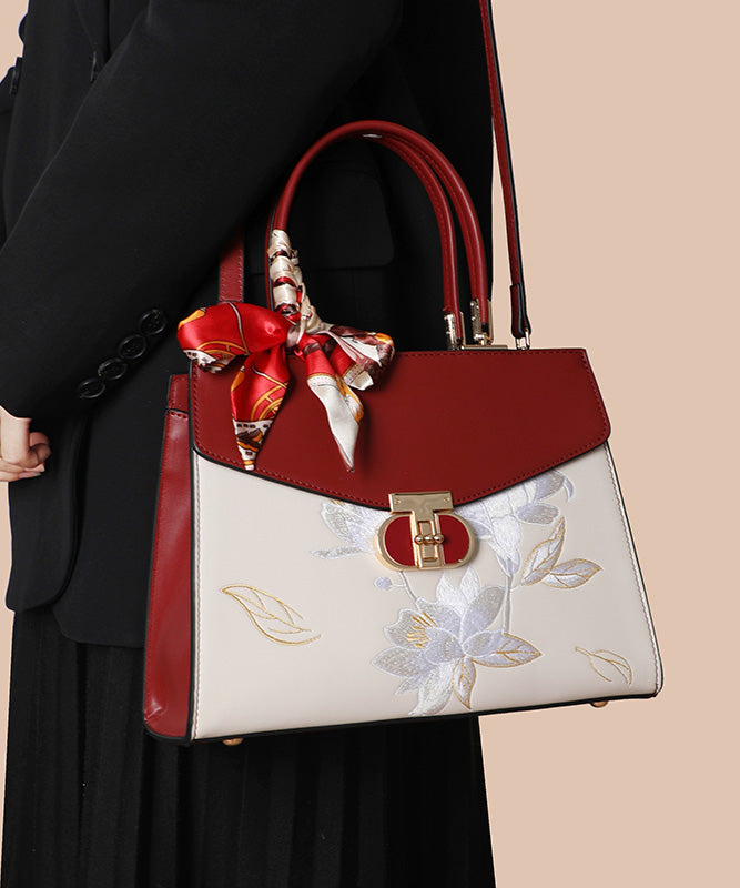 Boutique Tote Embroidery Calf Leather Bag Colorblock FashionChic