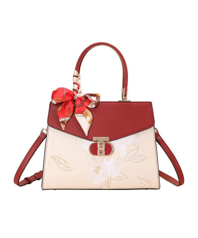 Boutique Tote Embroidery Calf Leather Bag Colorblock FashionChic