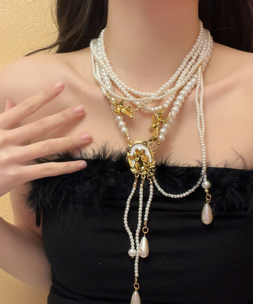 Boutique Gold Alloy Pearl Beading Tassel Pendant Necklace YA033 ABC