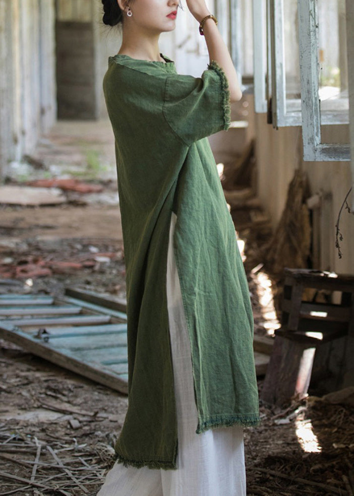 Boutique Green O Neck Side Open Linen T Shirts Dresses Summer LK037 GK-SDL240710