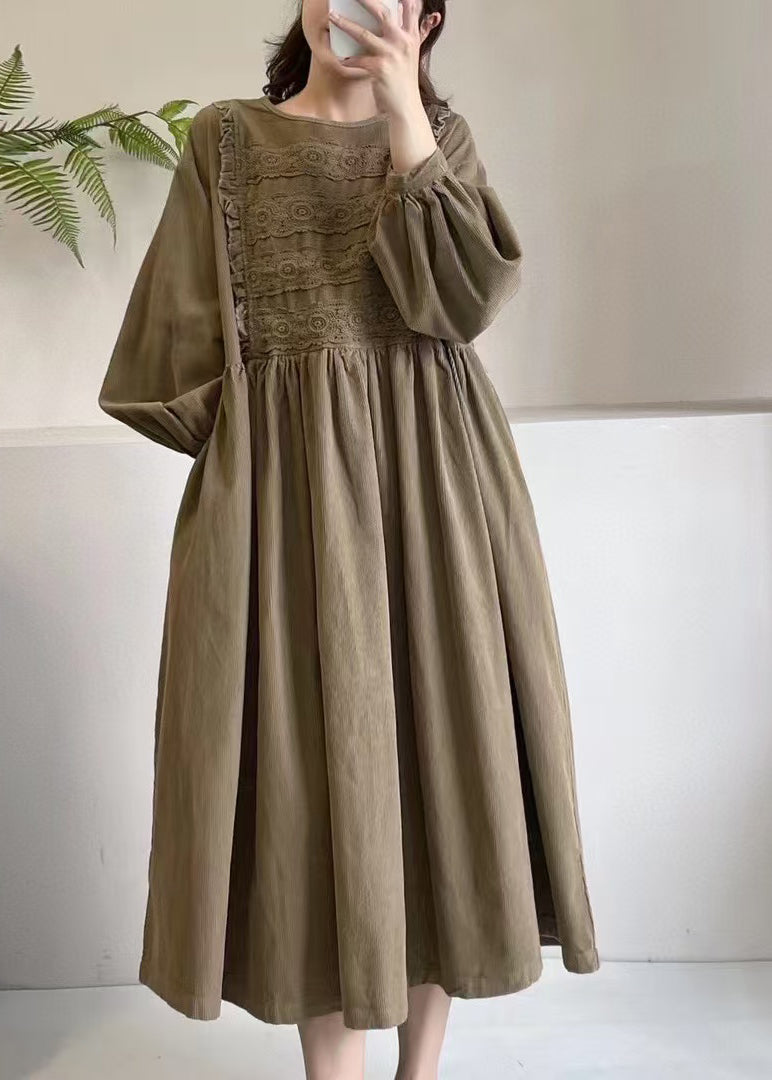 Khaki Corduroy Boutique Dress Maxi Spring Embroidered FashionChic