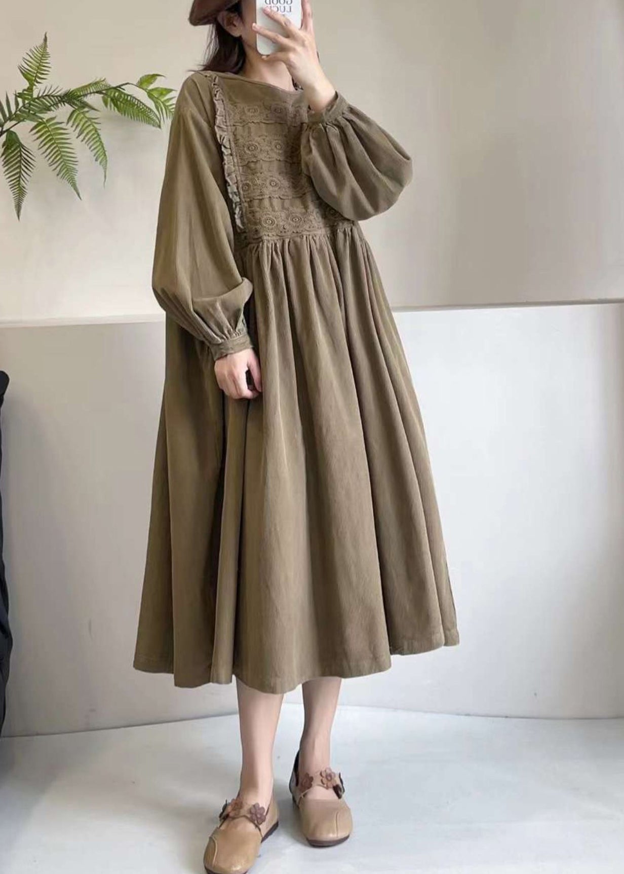 Khaki Corduroy Boutique Dress Maxi Spring Embroidered FashionChic