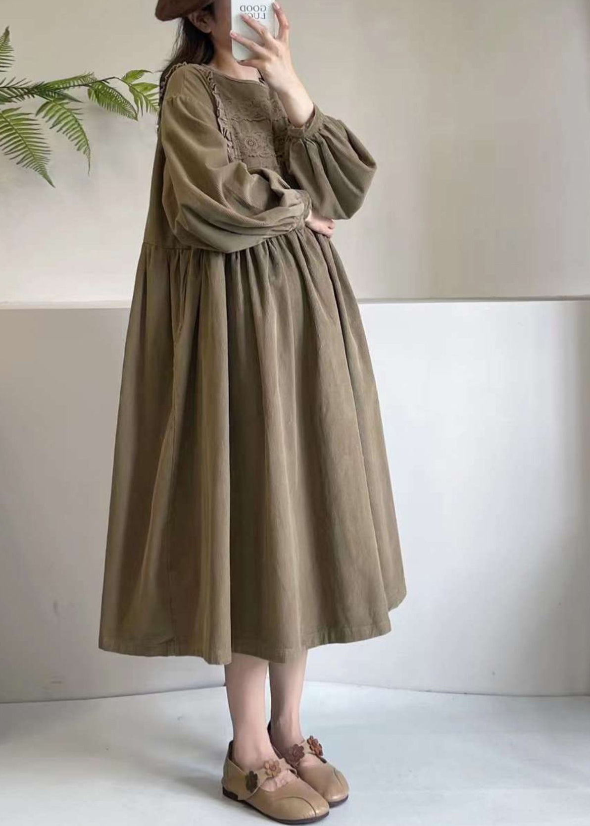 Khaki Corduroy Boutique Dress Maxi Spring Embroidered FashionChic