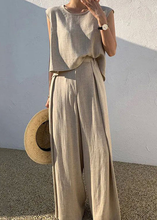 Shirt Pieces T Wide And Pants O-Neck Two Khaki Set Leg Boutique FashionChic