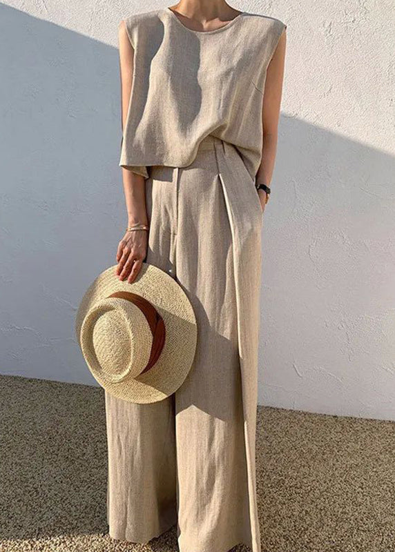 Shirt Pieces T Wide And Pants O-Neck Two Khaki Set Leg Boutique FashionChic