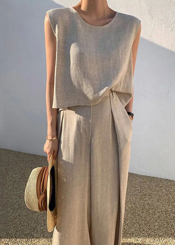 Shirt Pieces T Wide And Pants O-Neck Two Khaki Set Leg Boutique FashionChic