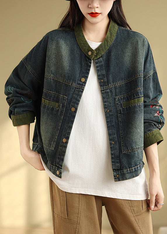 Boutique Navy Embroidered Patchwork Denim Coat Spring TM002 ABC
