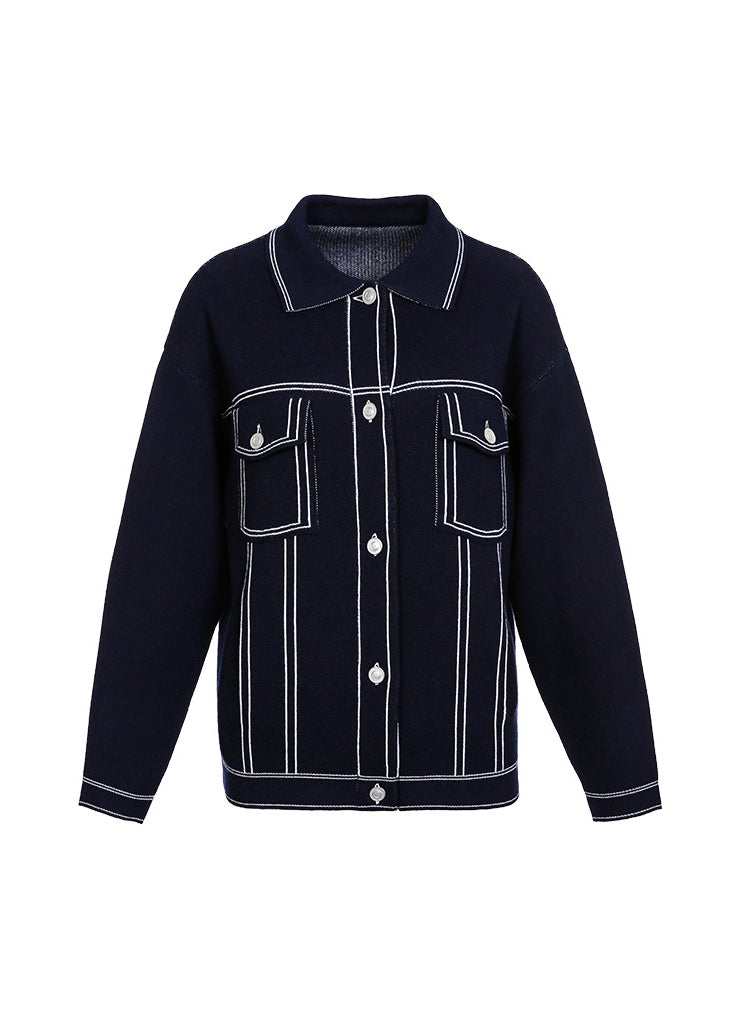 Boutique Navy Peter Pan Collar Pockets Knit Coat Fall WO022 HS-NCT241109