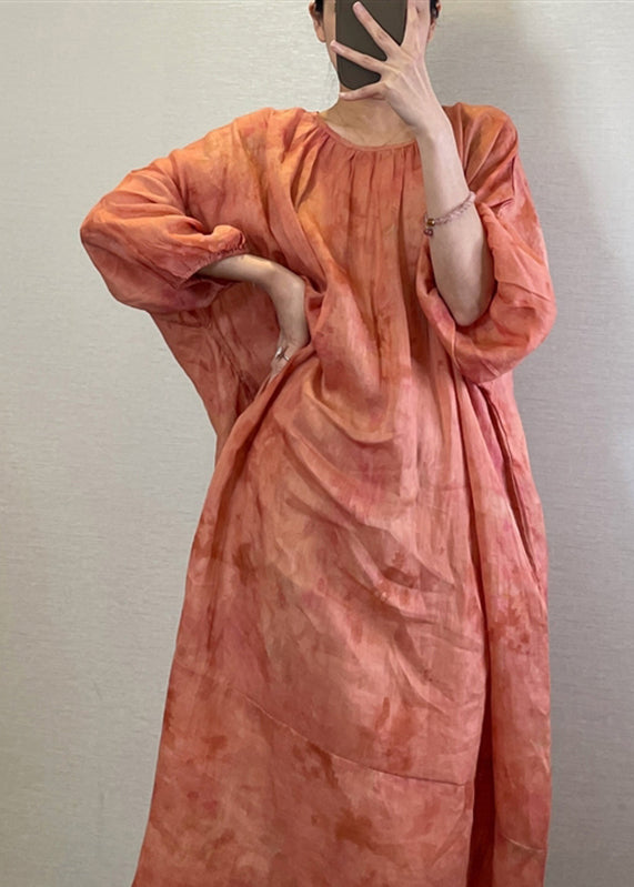 Boutique Orange O-Neck Print Maxi Dresses Long Sleeve UU040 OM-MM240820