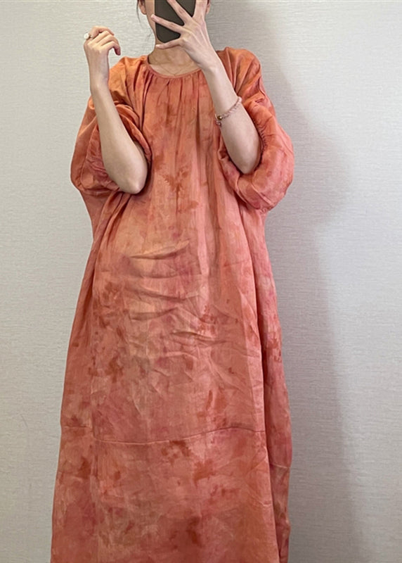 Boutique Orange O-Neck Print Maxi Dresses Long Sleeve UU040 OM-MM240820