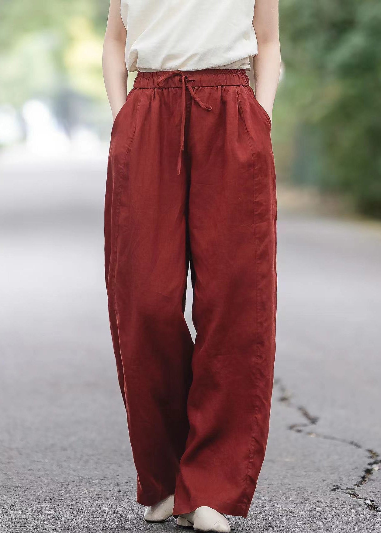 Pockets Elastic Pants Red Waist Summer Boutique Linen FashionChic