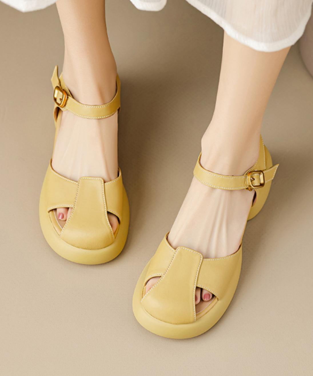 Splicing Chunky Boutique Strap Sandals Yellow Buckle Sheepskin FashionChic