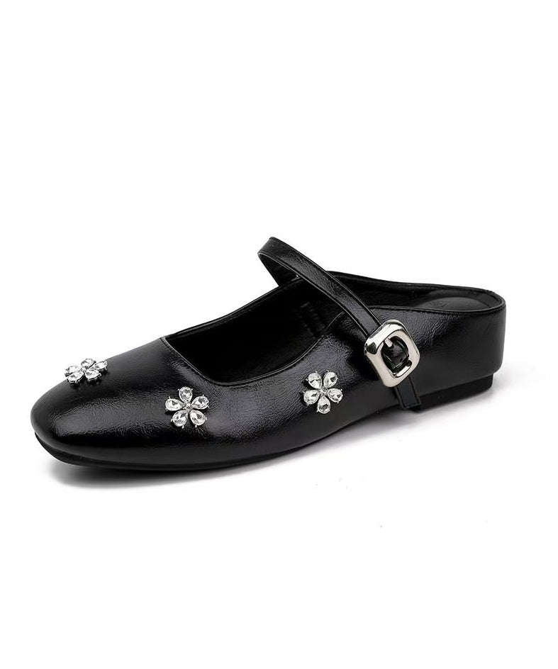 Splicing Slide Black Faux Sandals Zircon Wedge Boutique Leather FashionChic