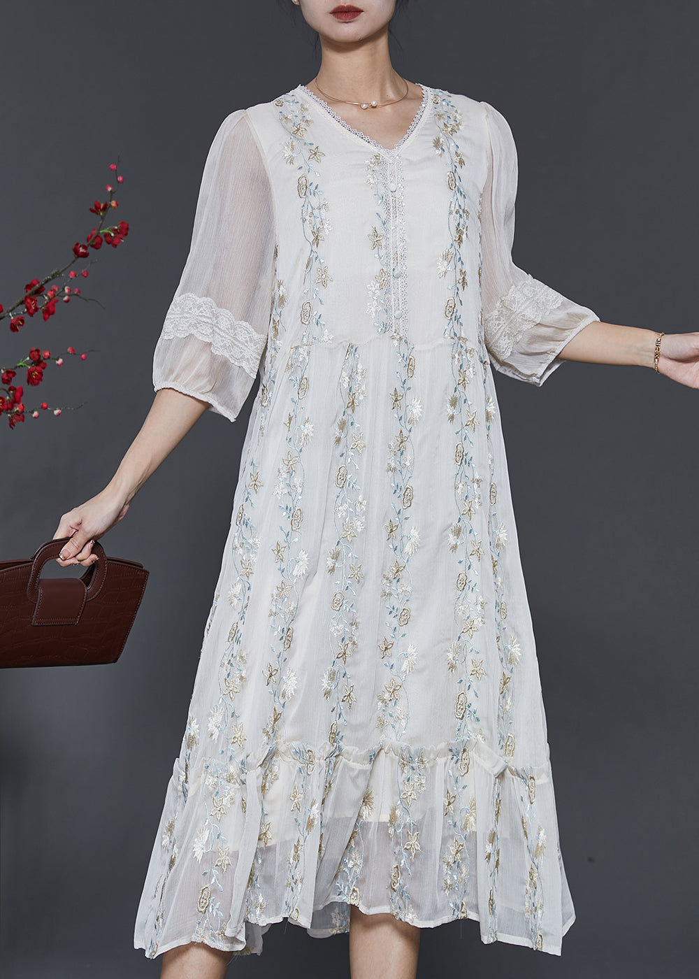 Boutique White Embroidered Patchwork Lace Silk Dresses Summer SD1067 Ada Fashion