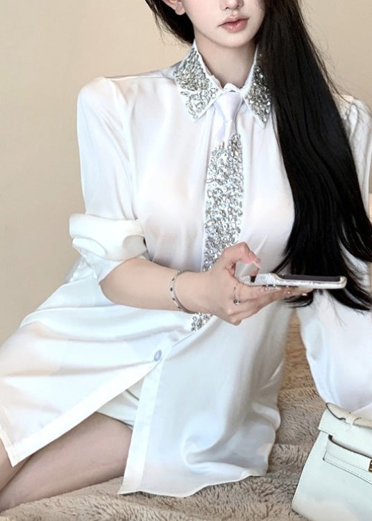 Boutique White Peter Pan Collar Zircon Silk Shirt Top Spring YF011 ABC