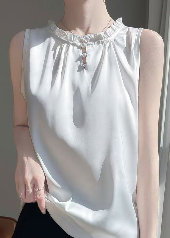 Sleeveless Silk White Boutique Button Ruffled Shirts FashionChic