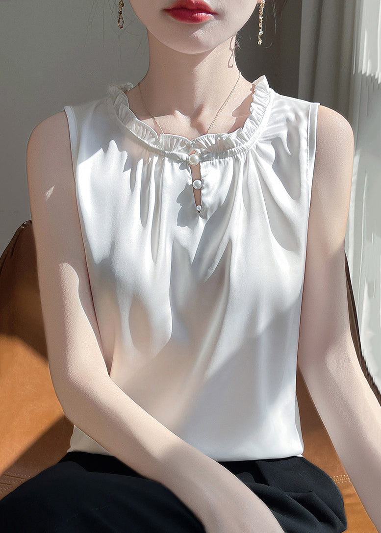 Sleeveless Silk White Boutique Button Ruffled Shirts FashionChic