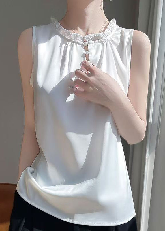 Sleeveless Silk White Boutique Button Ruffled Shirts FashionChic