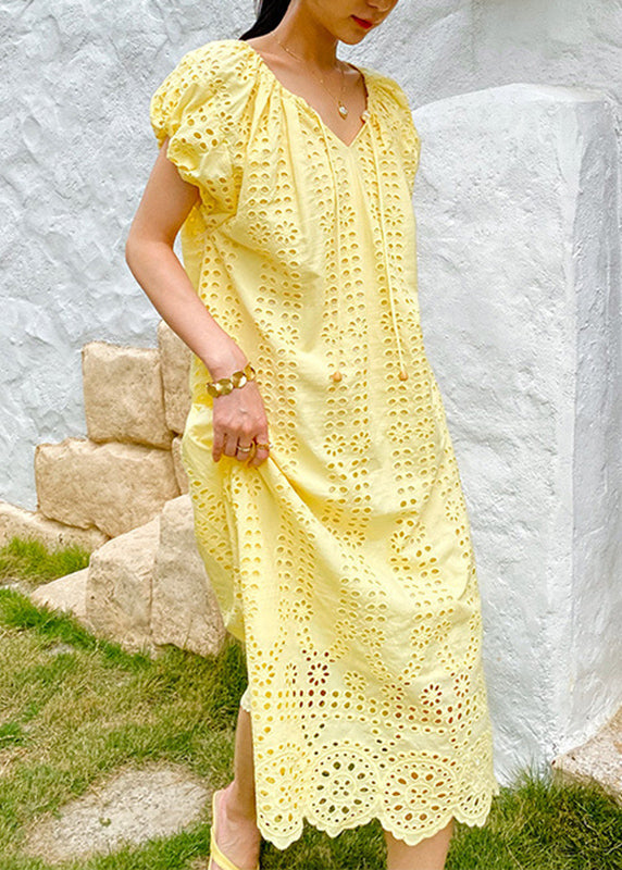 Knitted Boutique O-Neck Out Hollow Yellow Dress Cotton Long FashionChic