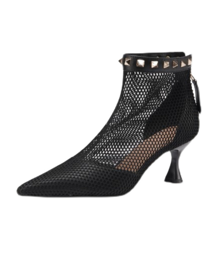 Boots Breathable Black Rivet Pointed Mesh Toe Splicing FashionChic