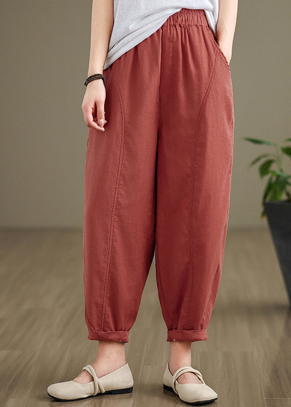 Brick Red Pockets Cotton Pants Elastic Waist Fall QO052 OM-ZS241008