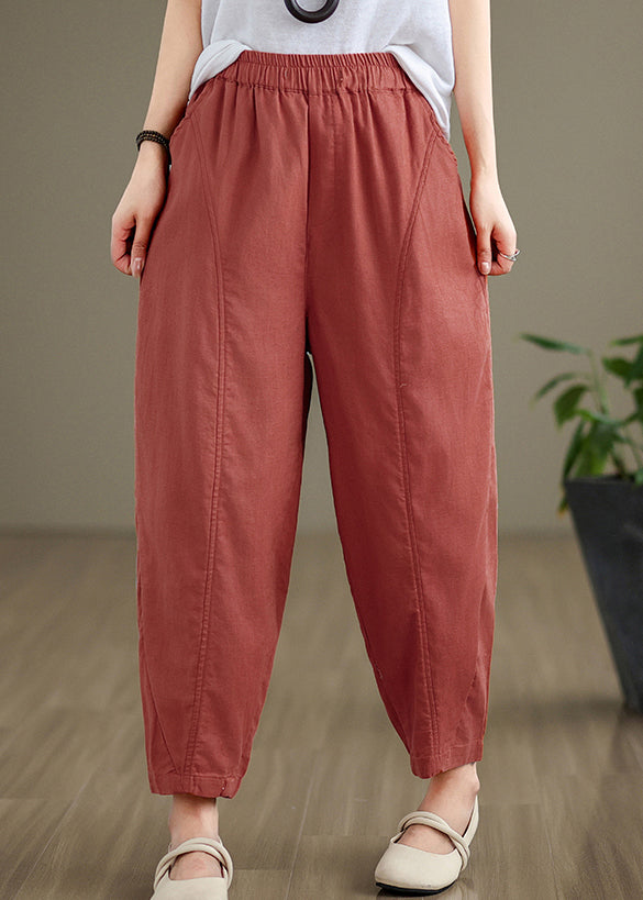 Brick Red Pockets Cotton Pants Elastic Waist Fall QO052 OM-ZS241008
