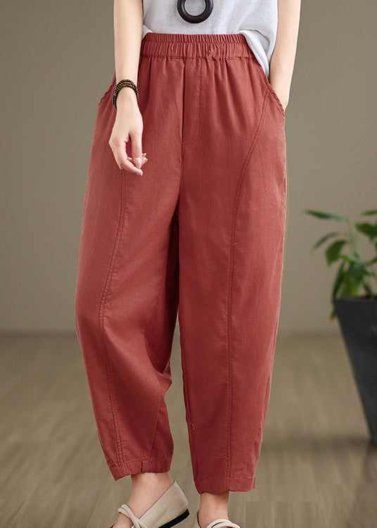 Brick Red Pockets Cotton Pants Elastic Waist Fall QO052 OM-ZS241008